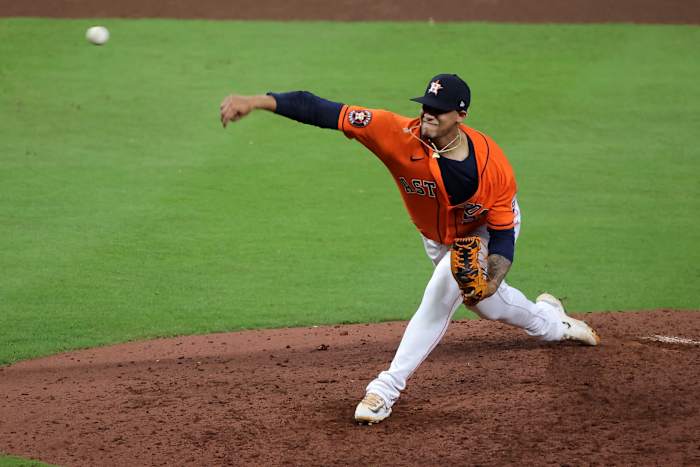 Oct 22, 2023; Houston, Texas, USA; Houston Astros relief pitcher Bryan Abreu (52) throws a pitch against the Texas Rangers in the eighth inning during game six of the ALCS for the 2023 MLB playoffs at Minute Maid Park. Mandatory Credit: Erik Williams-USA TODAY Sports